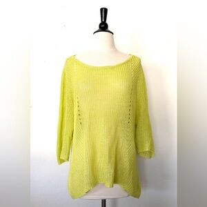 Eileen Fisher top loose knit organic linen chartreuse shark bite hem size L